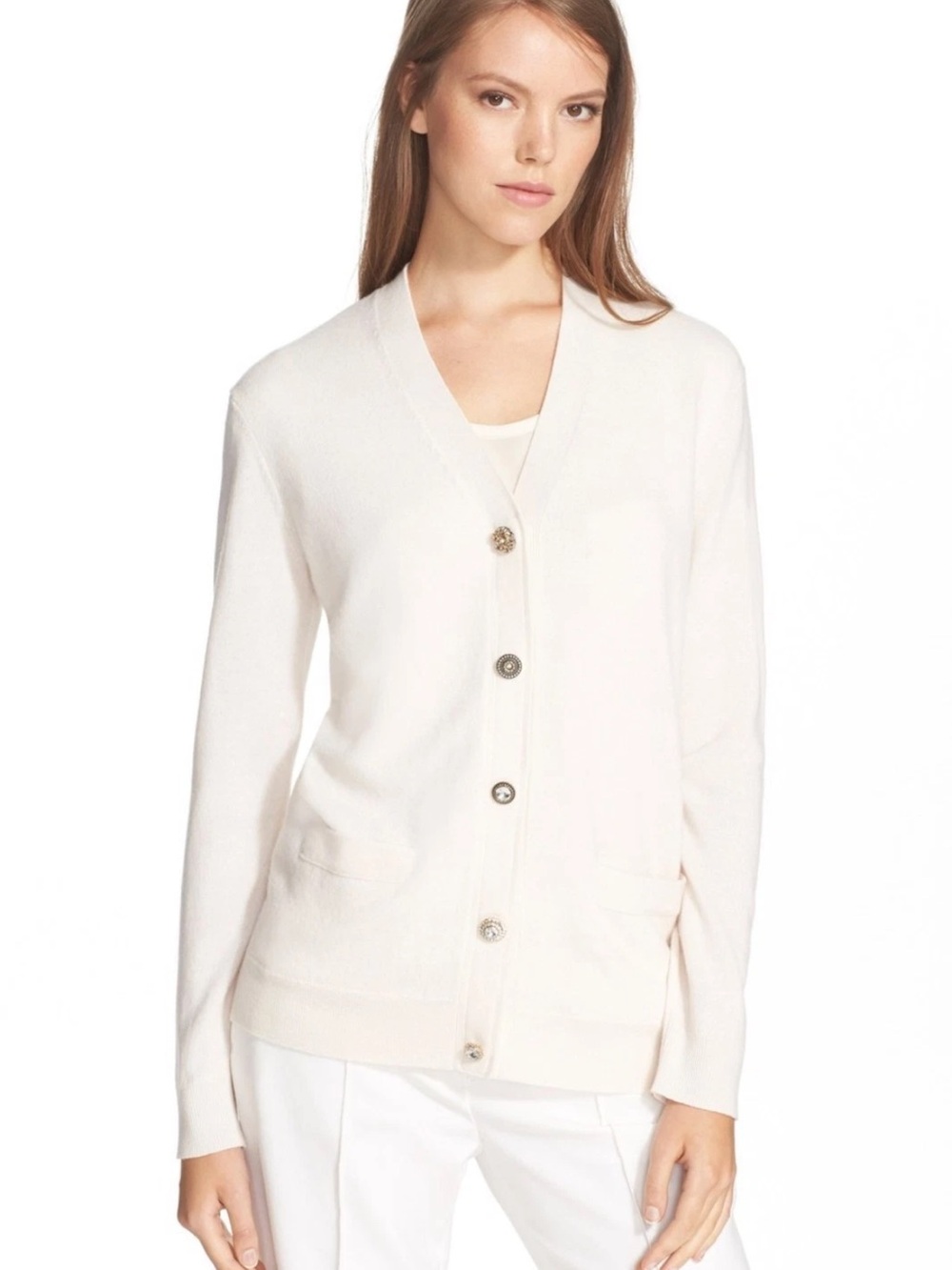 NEW TORY BURCH Merino Wool Jeweled CRYSTALS Button Cardigan Sweater Ivory XS